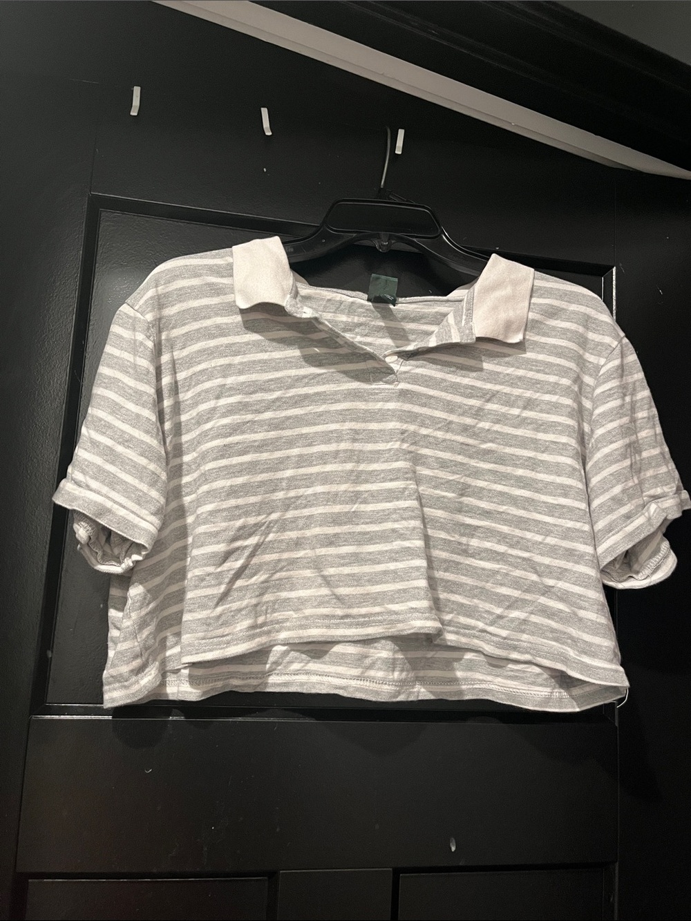 Striped Gray & White Cropped Polo Top - Picture 1 of 1